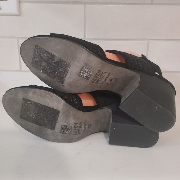 Eileen Fisher Finn Suede Mesh Black Open Toe Sandals Size 8.5 Comfort - Picture 5 of 10